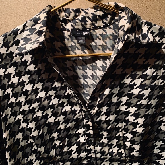 Black White Grey Houndstooth Satin Fitted Blouse - Picture 2 of 8